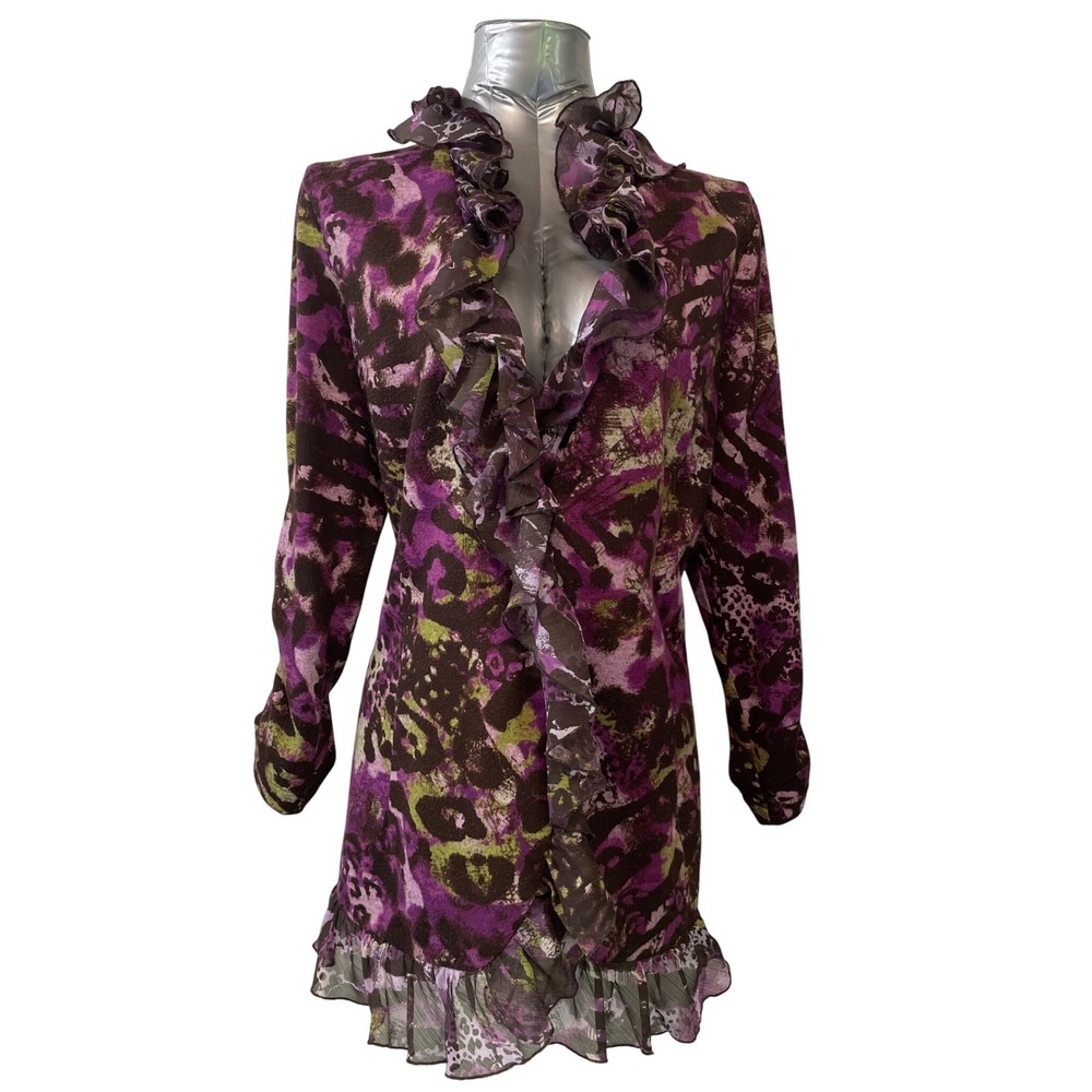 MULTIPLES Womens Lg Chiffon Ruffle Animal Print‎ Cardigan Coat Button Front